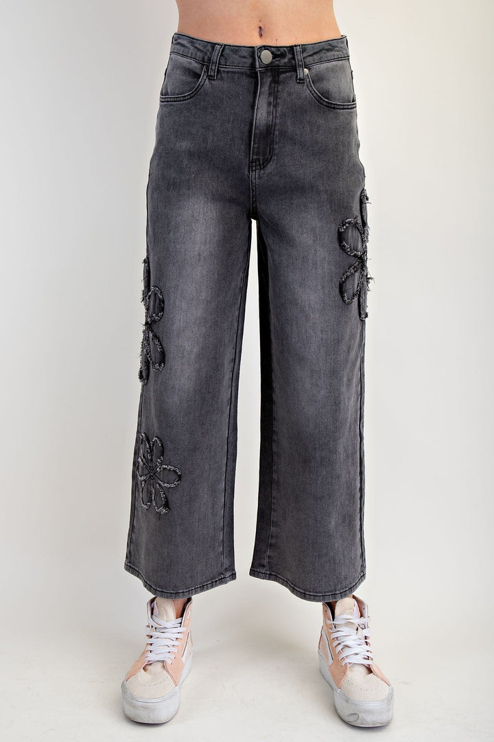 Easel Denim Flower Patch Washed Denim Pants