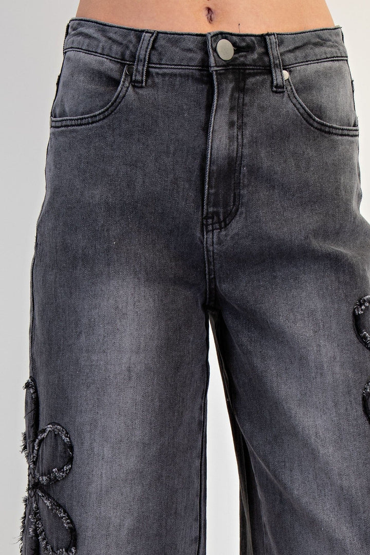 Easel Denim Flower Patch Washed Denim Pants