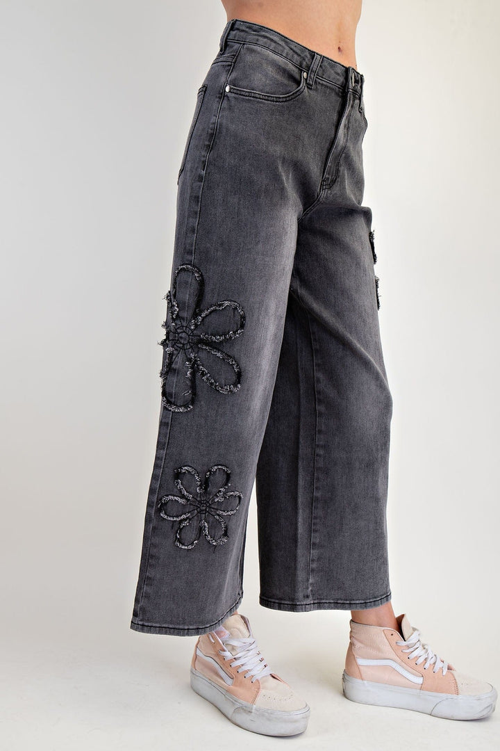 Easel Denim Flower Patch Washed Denim Pants