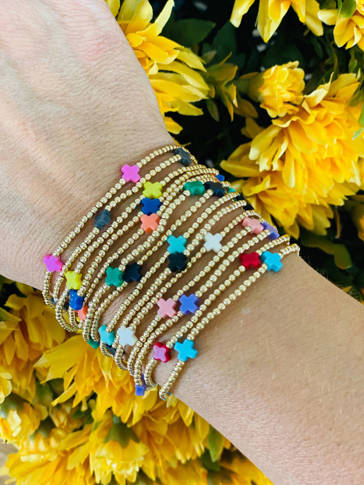 enewton Bracelet Signature Cross Small Gold Pattern 2mm Bead Bracelet - Turquoise