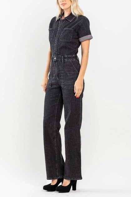 Judy Blue Hi Waist Short Sleeve Denim Straight Leg Jumpsuit