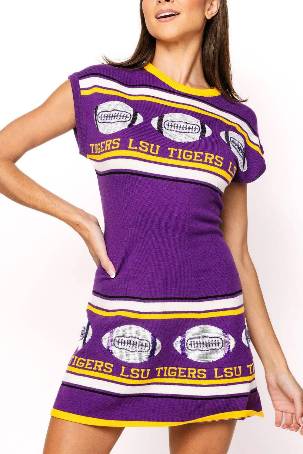 Queen of Sparkles Dress Purple / XS Licensed LSU Vintage Football Stripes Sweater Dress