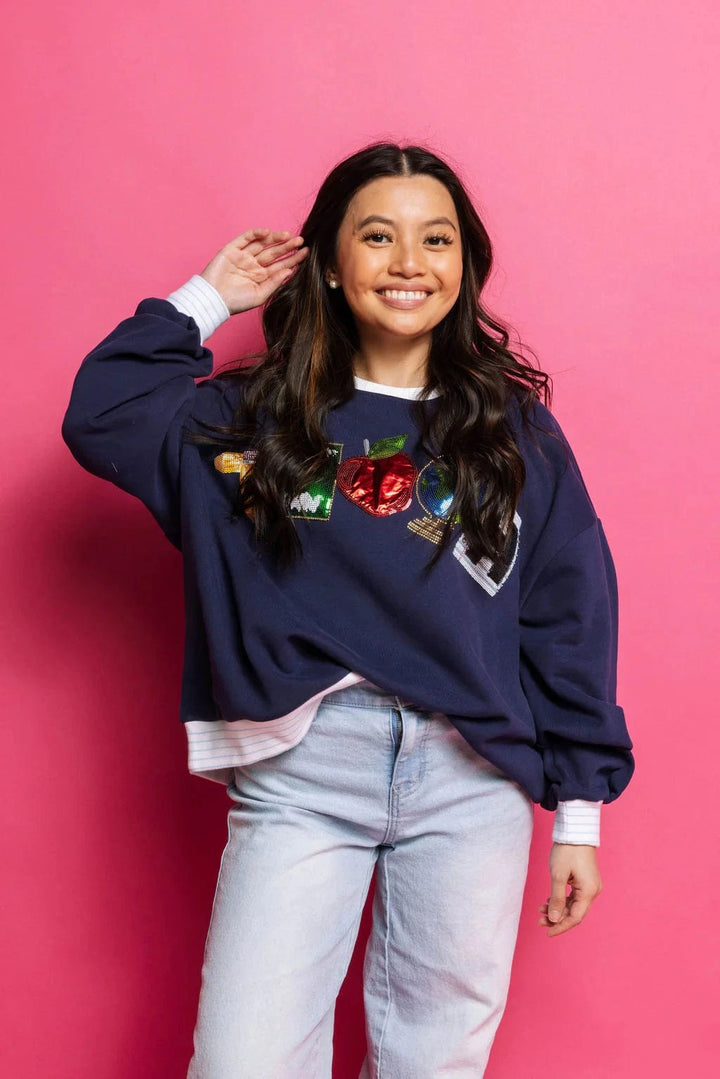 Queen of Sparkles Sweatshirt Navy / XS Teach Sequin Sweatshirt