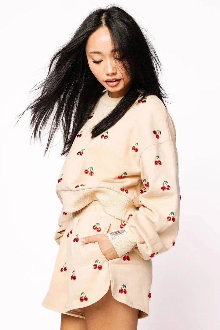 Queen of Sparkles Sweatshirt Tan Jeweled Cherry Sweatshirt