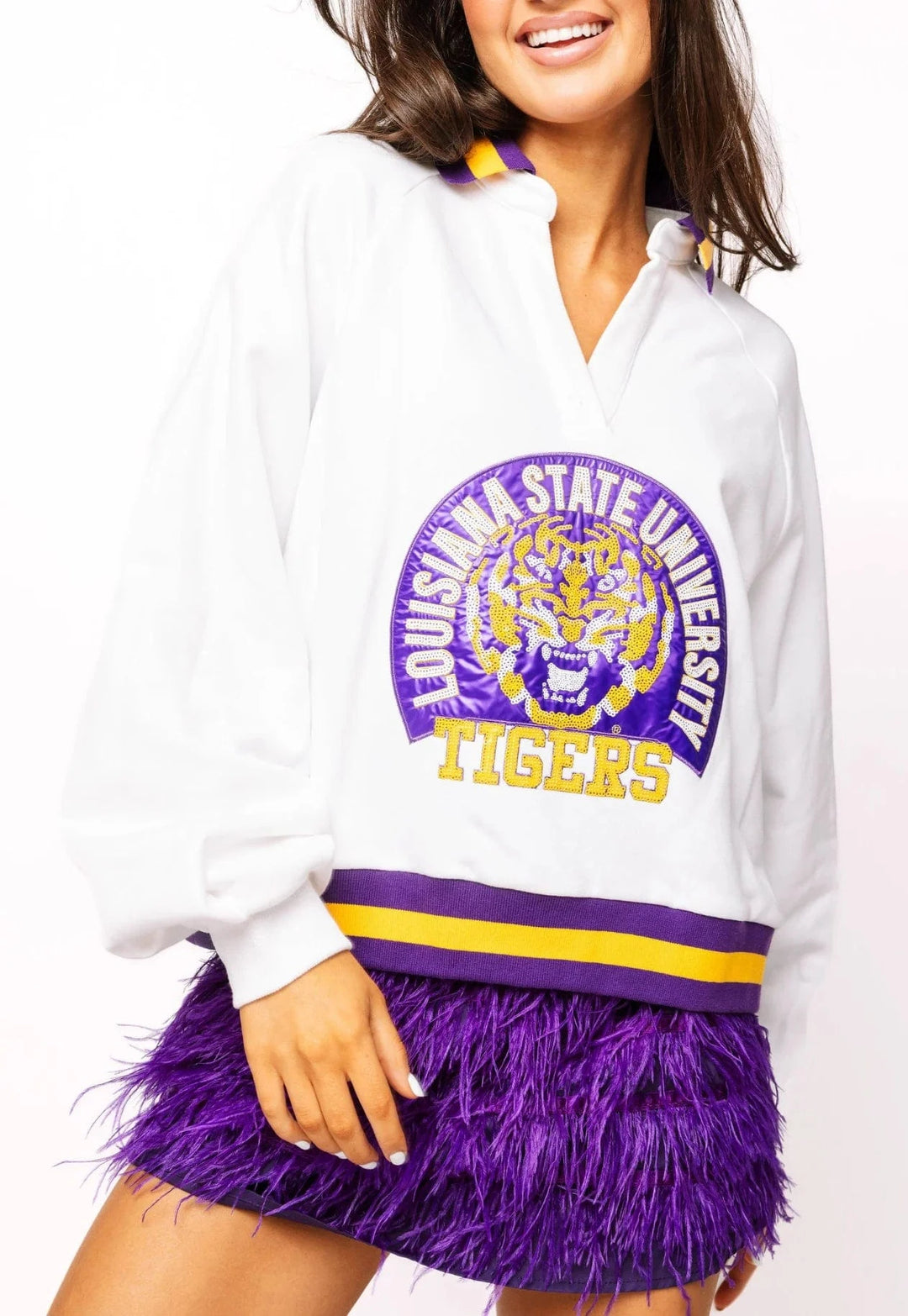 Queen of Sparkles Sweatshirt White / XS Licensed LSU Striped Collar Circular Mascot Sweatshirt