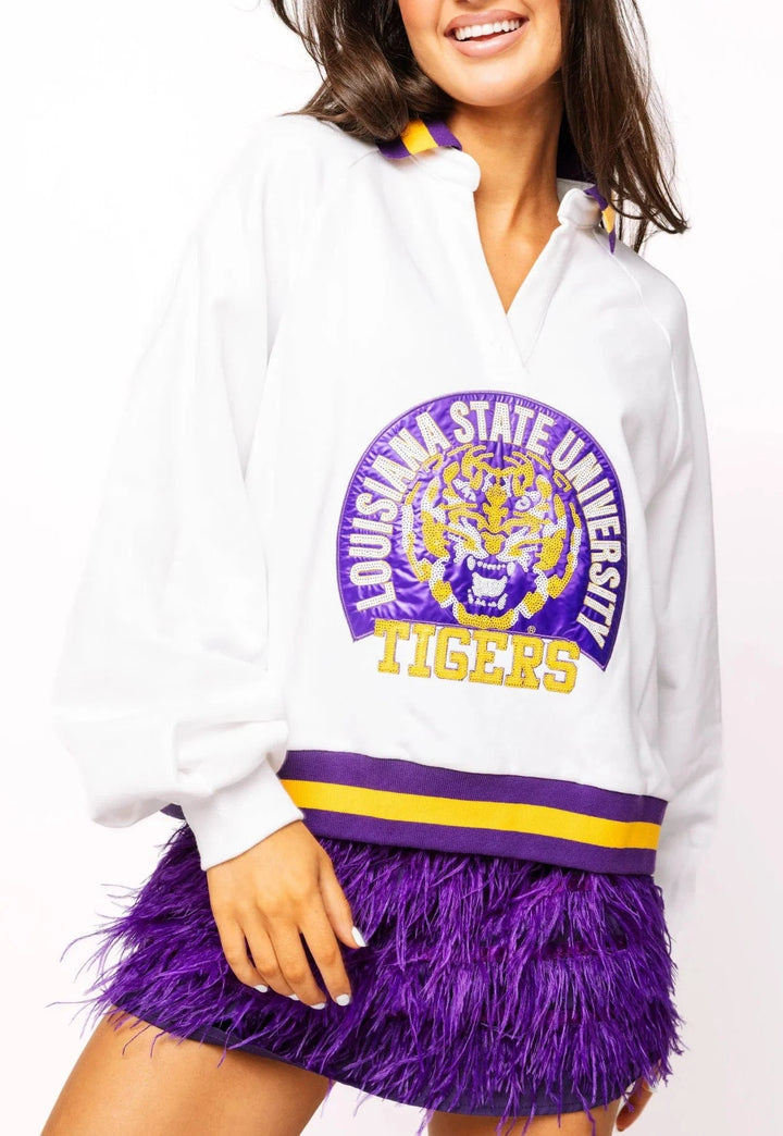 Queen of Sparkles Sweatshirt White / XS Licensed LSU Striped Collar Circular Mascot Sweatshirt