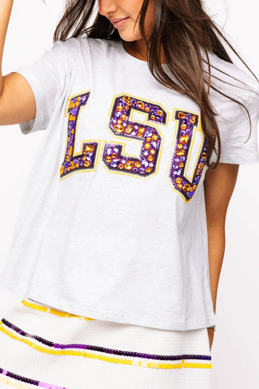 Queen of Sparkles Tee Licensed LSU Grey with Multi Jewel Letter Tee