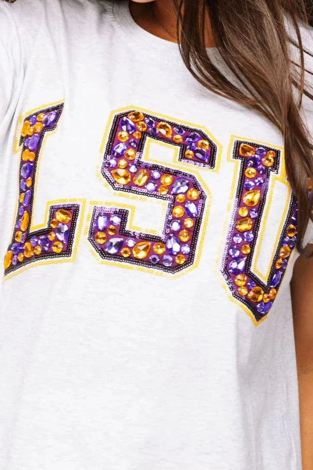 Queen of Sparkles Tee Light Grey / XS Licensed LSU Grey with Multi Jewel Letter Tee