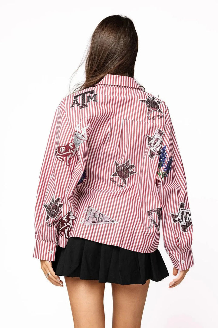 Queen of Sparkles Top Licensed Texas A&M Mini Icon Striped Button Down