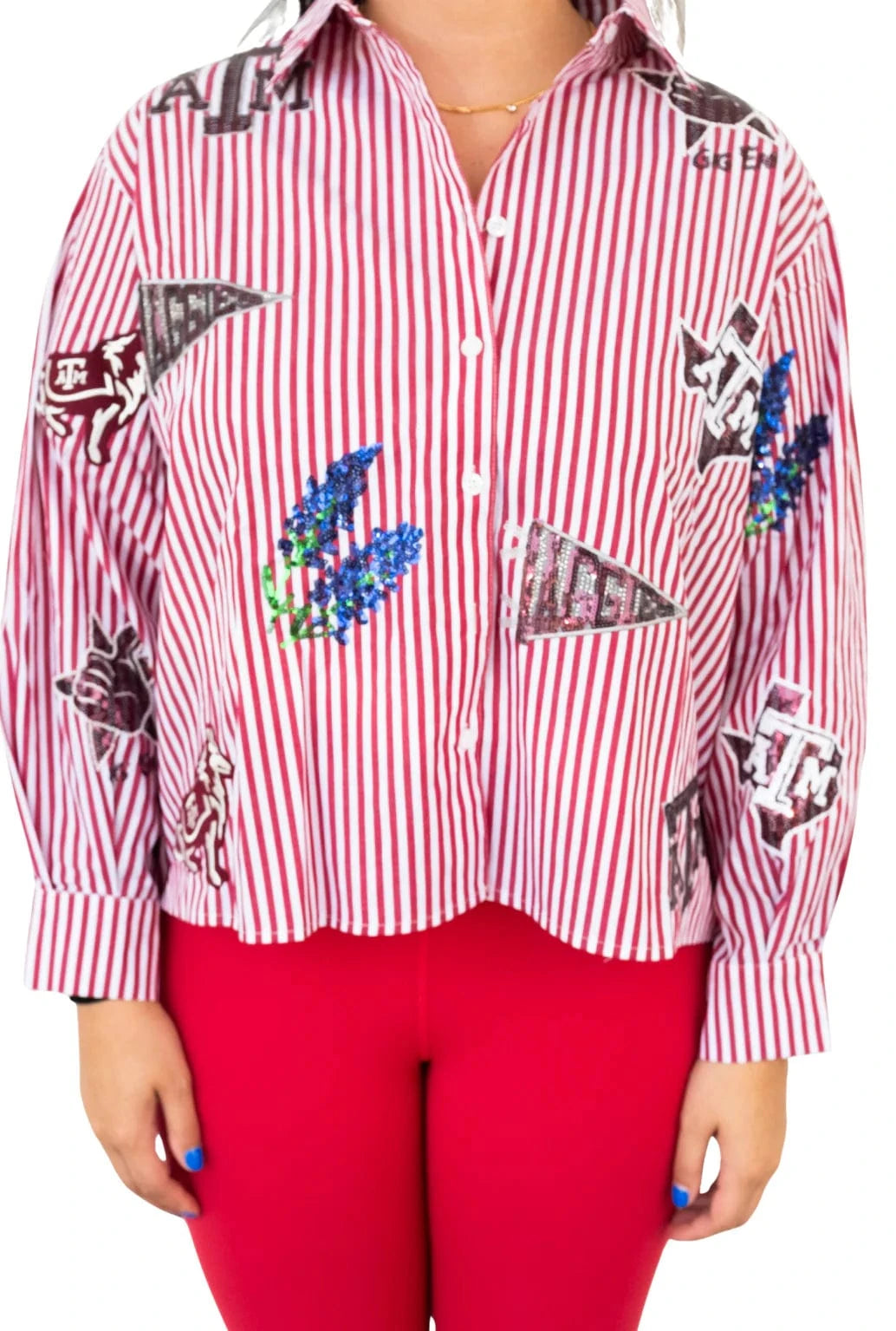 Queen of Sparkles Top Licensed Texas A&M Mini Icon Striped Button Down