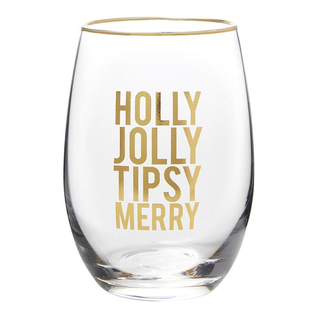 Santa Barbara Drinkware Holly Jolly Gold Rim Stemless Wine Glass