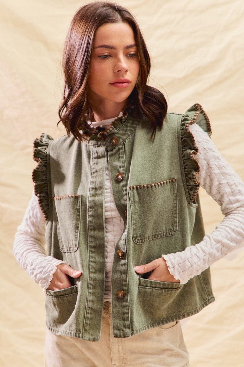 So Me Top Light Olive / Brown / S Emerie Ruffled Vest Top