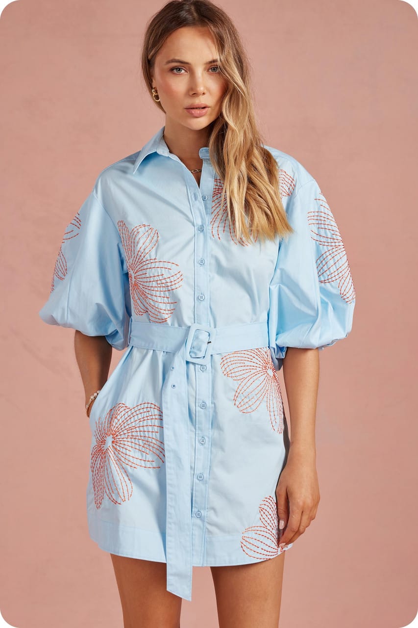 Eliana Embroidered MIni Dress – Teal Poppy