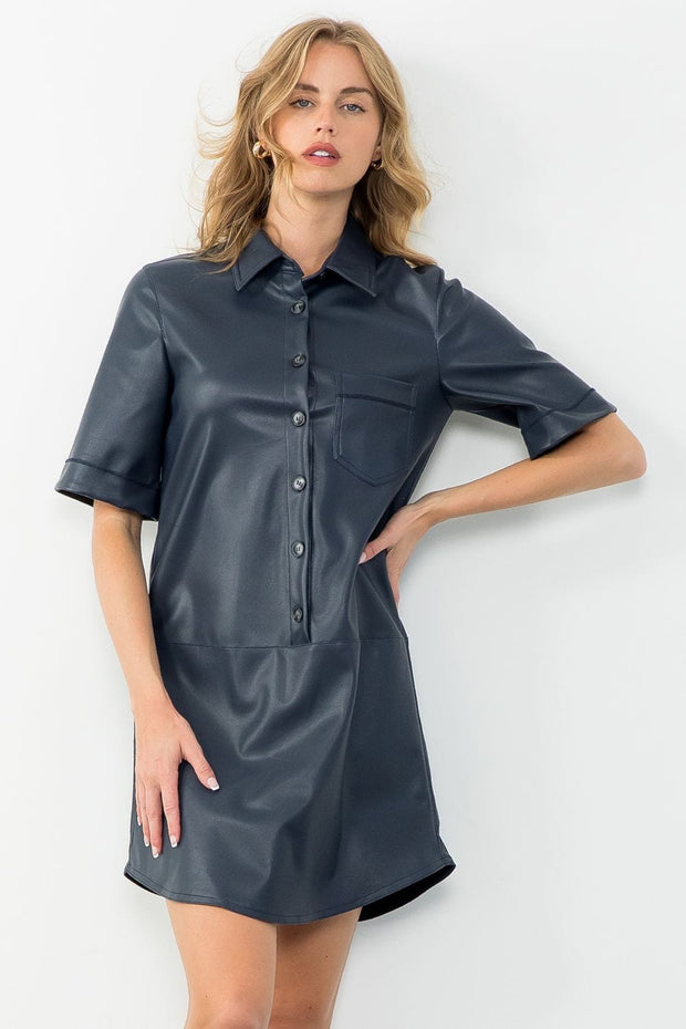 THML Dress Navy / XS Lannie Short Sleeve Button Up Leather Dress