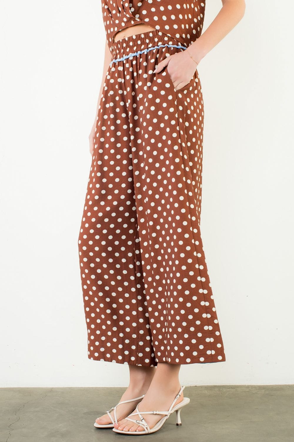 Sara Polka Dot Wide Leg Pants Brown / XS
