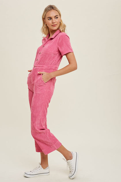 Never A Wallflower Utility Jumpsuit, Pink Corduroy - Monkee's of Brentwood