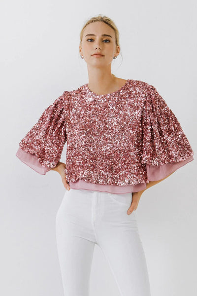 Endless Rose Top Pink / X Small Sequin Flutter Sleeve Top