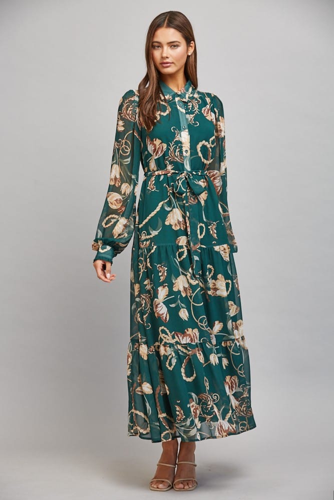 Fate Maxi Dress Dark Green Multi / S Colette Chiffon Waist Tie Dress