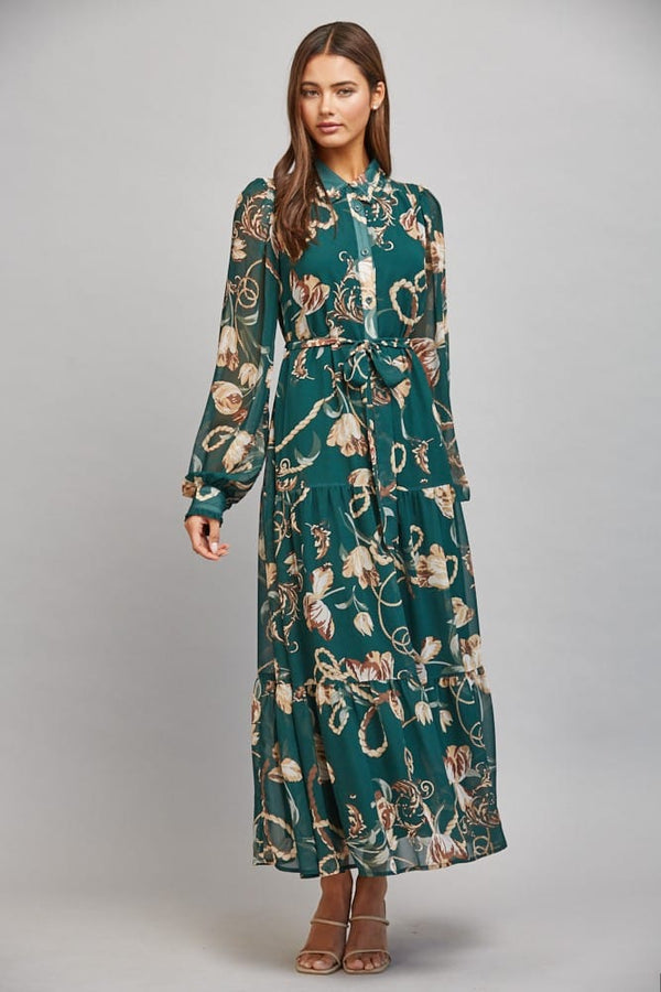 Fate Maxi Dress Dark Green Multi / S Colette Chiffon Waist Tie Dress