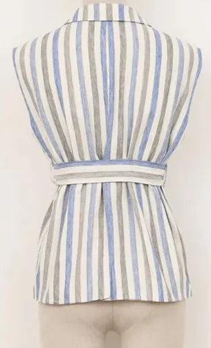 Callie sleeveless blazer by Molly Bracken, tailored fit, in a neutral color, shown on a hanger with front view.