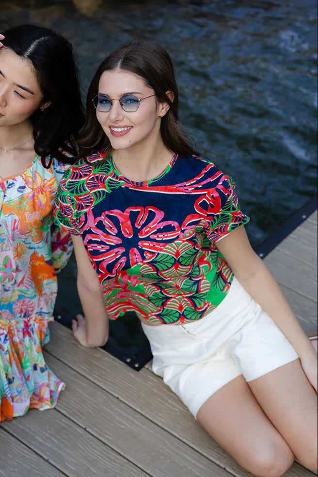 Alden Adair Amy Tee in Nautical Geo print, a stylish casual top with nautical-inspired geometric patterns, shown on a model.