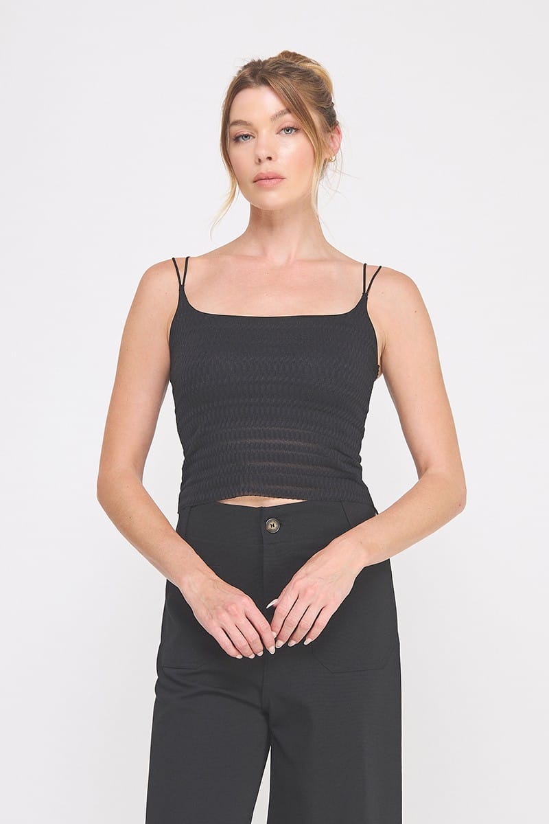 Black Allie Rose Avani Zig Zag Cami top featuring a stylish zigzag pattern and adjustable straps.