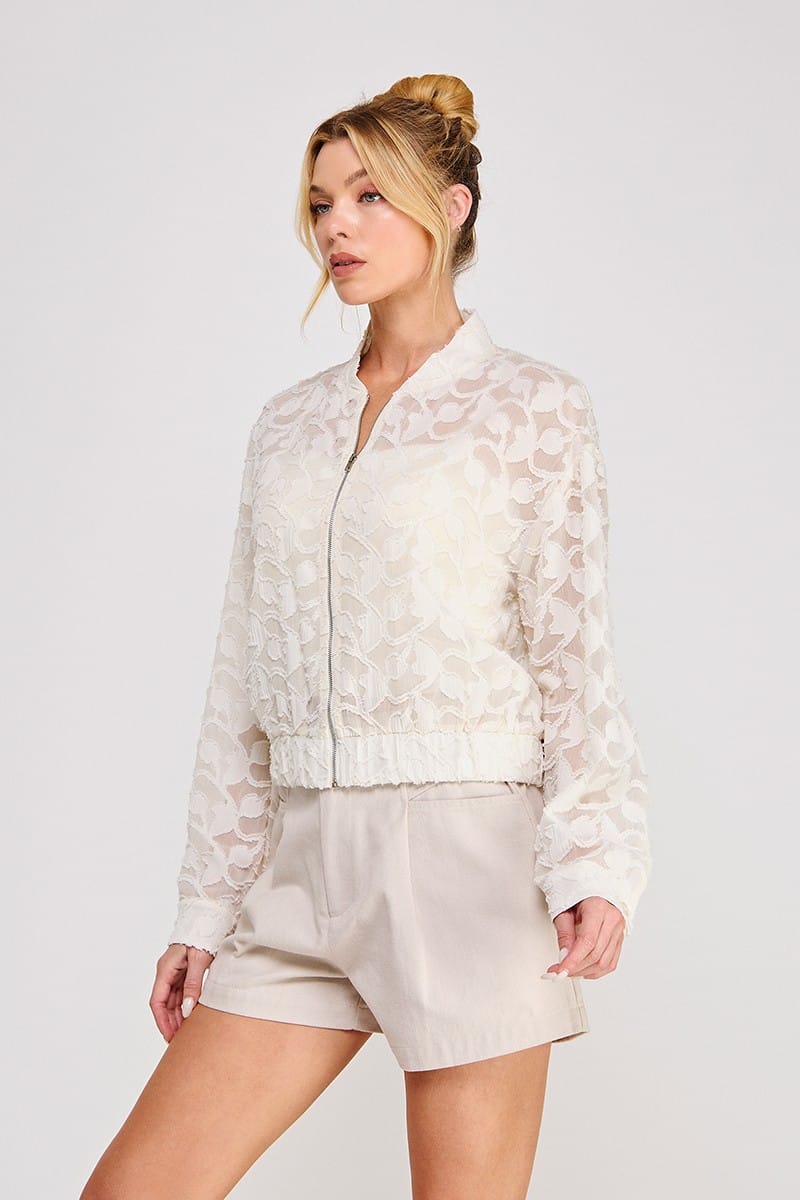 Allie Rose Lea semi-sheer blouse jacket featuring lightweight fabric, open front design, and long sleeves on a neutral background.
