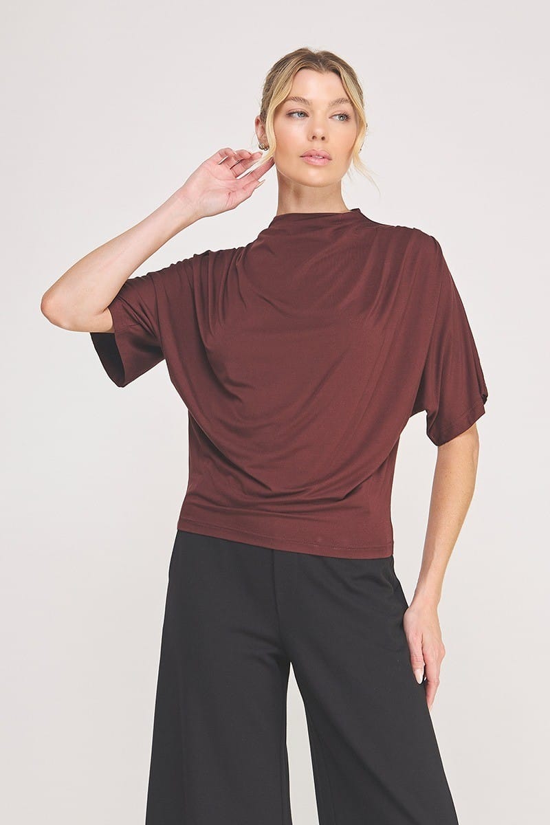 Allie Rose Adley Mock Neck Top in wine color, showcasing a fitted long-sleeve top with a sleek mock neck design.