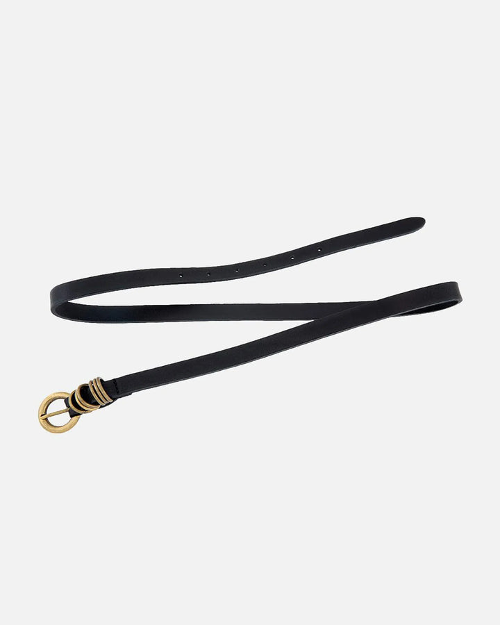 Amsterdam Heritage Alie Skinny Leather Belt in brown, close-up of sleek leather design with a silver buckle.