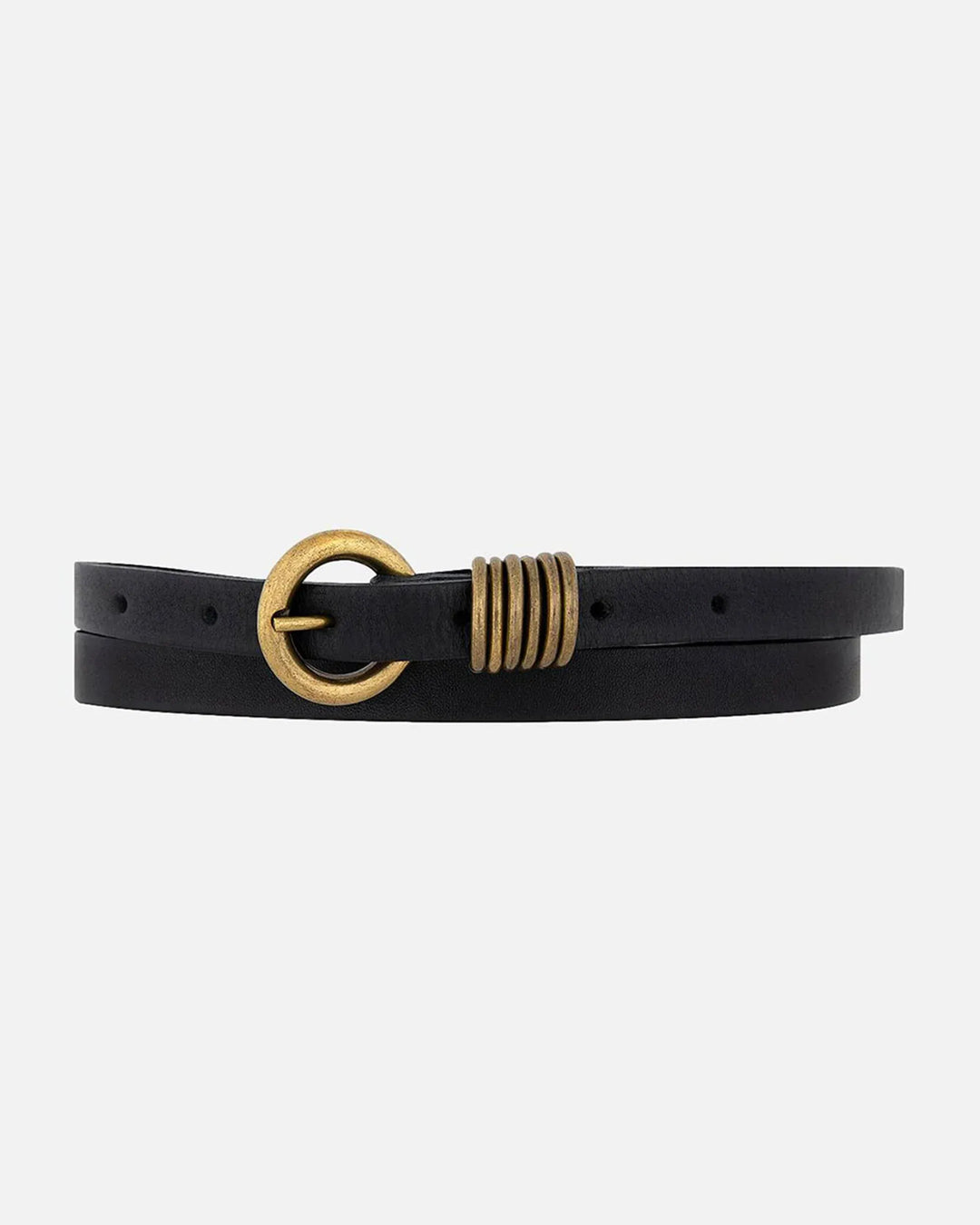 Black Alie Skinny Leather Belt by Amsterdam Heritage, showing a close-up of the slim leather belt with a silver buckle.