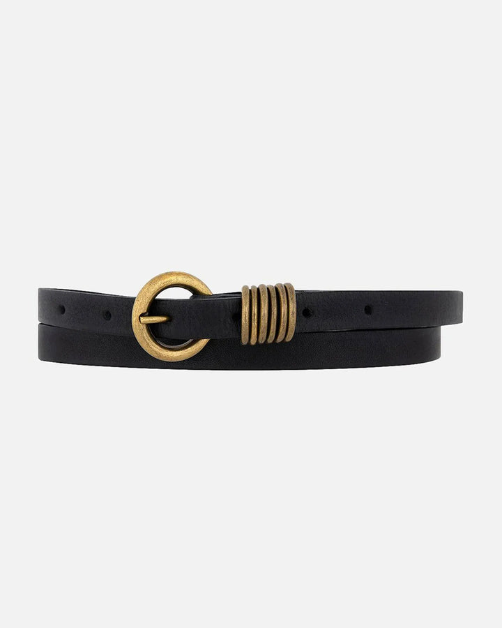 Black Alie Skinny Leather Belt by Amsterdam Heritage, showing a close-up of the slim leather belt with a silver buckle.