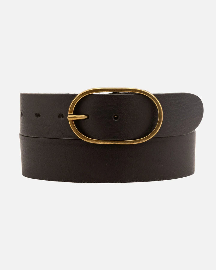 Amsterdam Heritage Fien Classic Leather Belt showing a sleek brown leather strap with a silver buckle design.