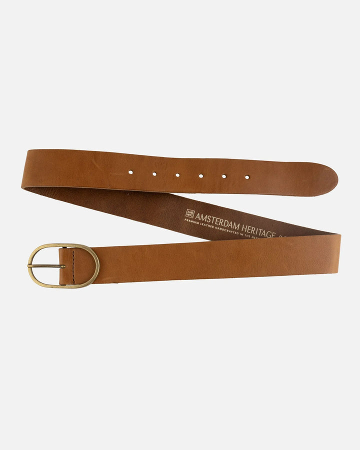 Amsterdam Heritage Fien Classic Leather Belt with a sleek brown leather strap and simple metal buckle.