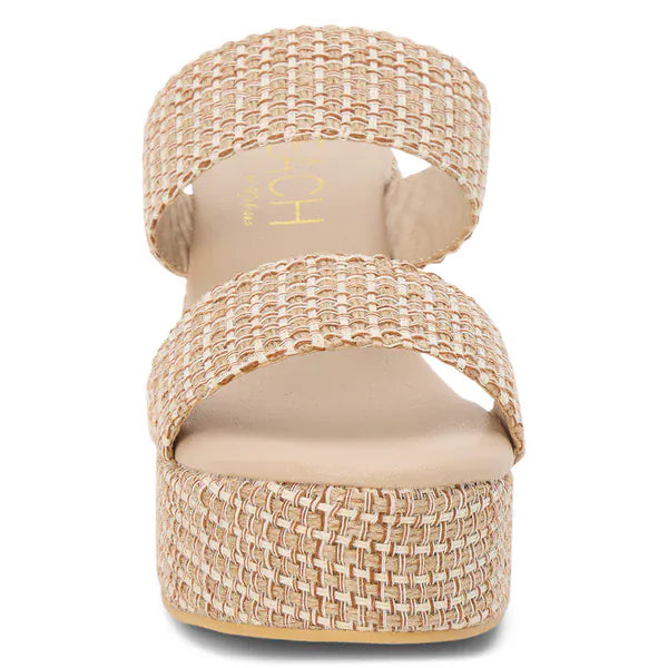 Beach by Matisse Ocean Ave platform sandal featuring a tan leather strap and cork wedge sole for a stylish summer look.