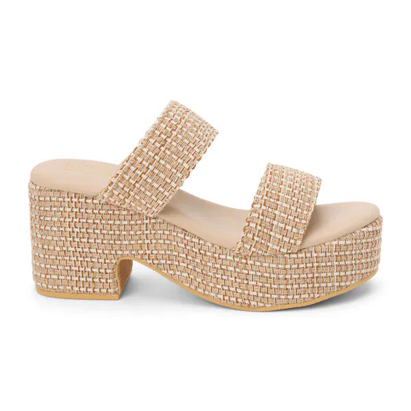 Tan multi-strap Ocean Ave Platform Sandal by Beach by Matisse with chunky heel and open toe design.