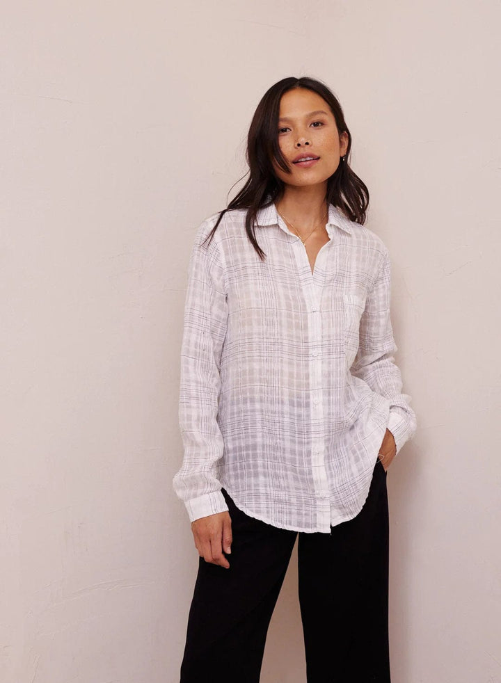 Bella Dahl plaid pocket button-down top in Playa Sirena, featuring a small chest pocket and classic collar, casual and stylish.