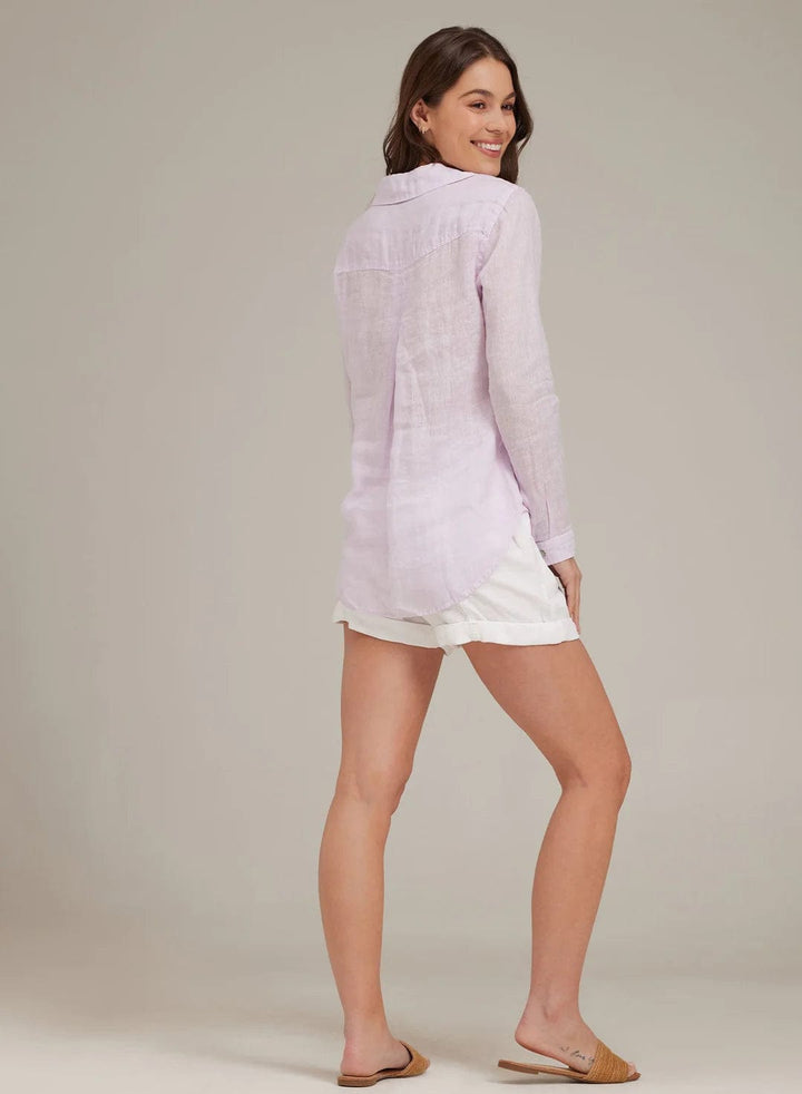 Bella Dahl pocket button-down top, casual long-sleeve blouse with chest pocket, in soft fabric, styled with rolled sleeves.