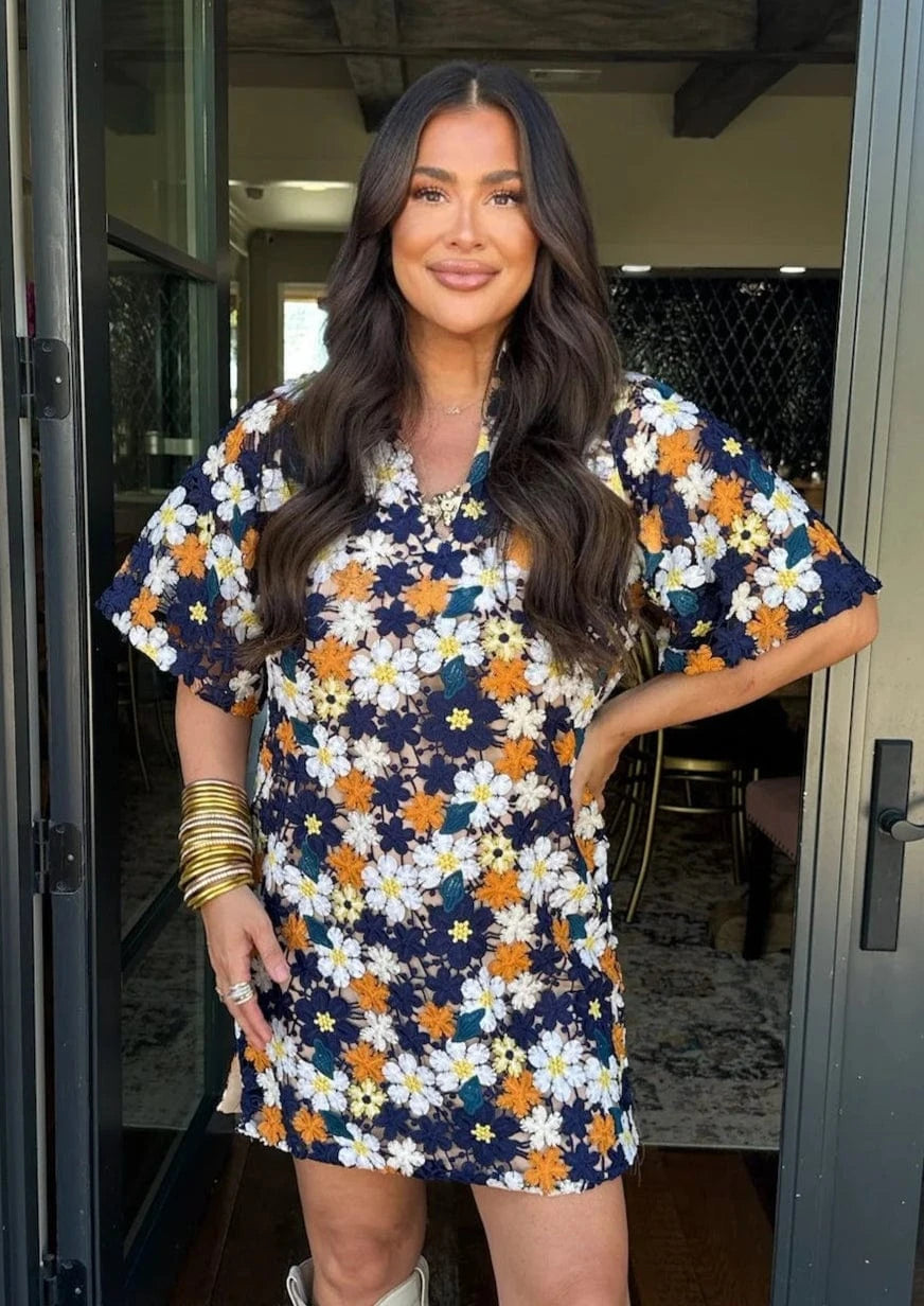 Lulu Short Sleeve Mini Caftan – Teal Poppy