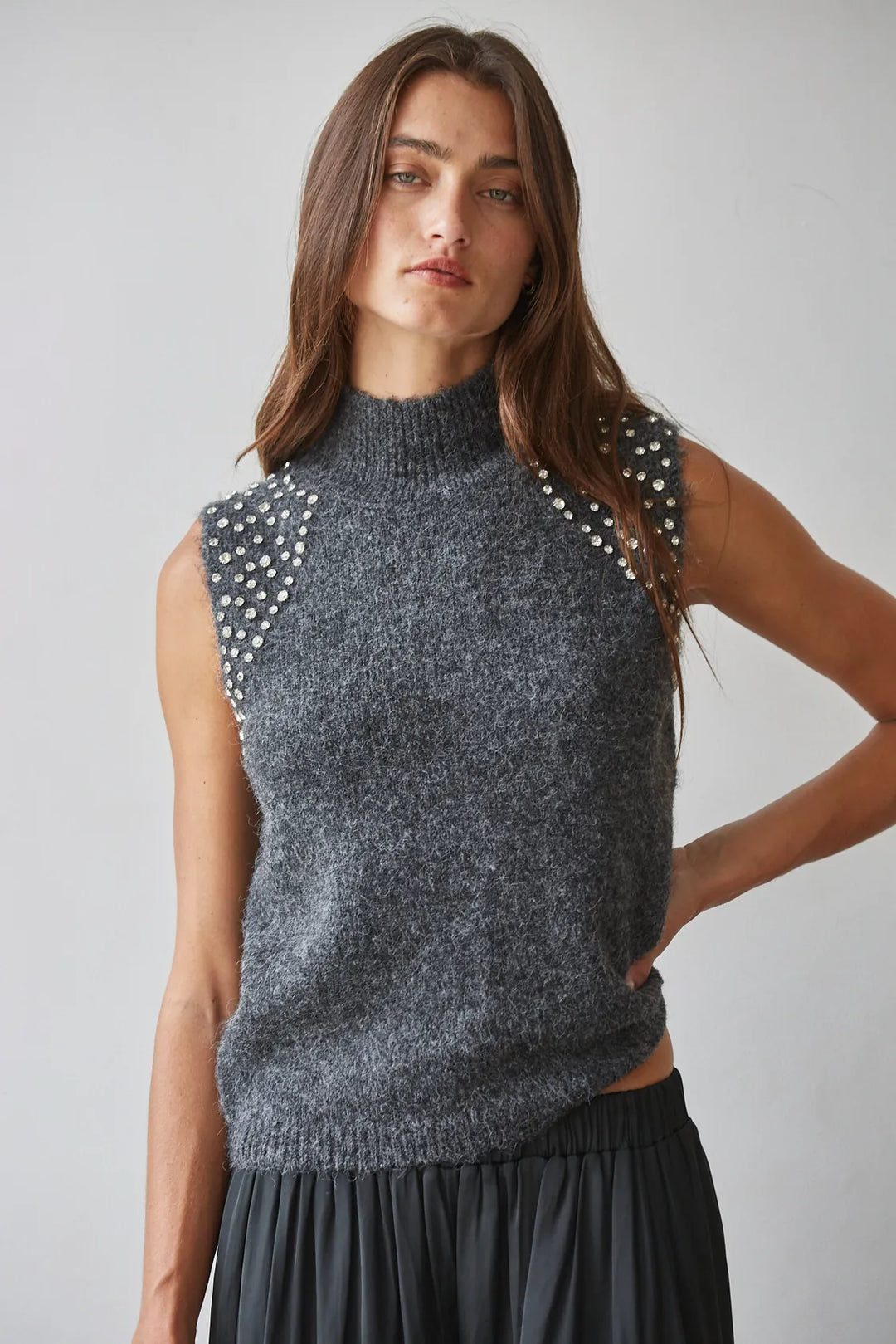 By Together Top Dark Grey / S Araceli Rhinestone Top