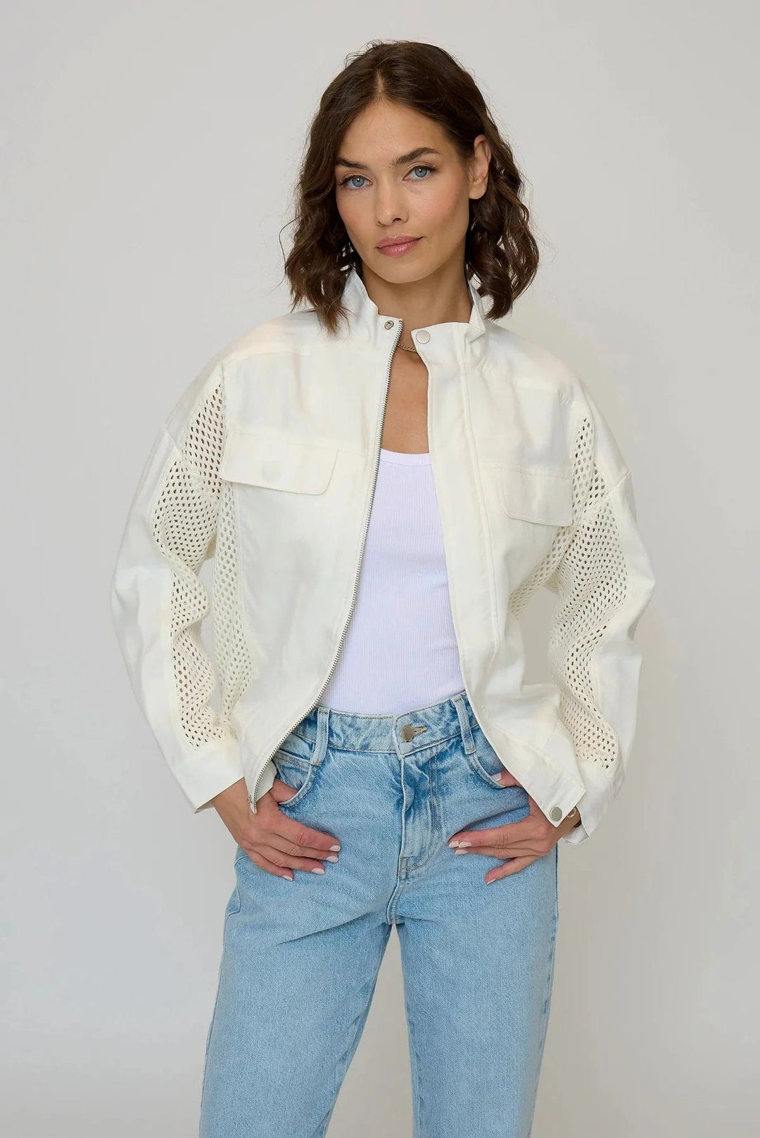 Central Park West NY Jacket Solid White / S Darcy Mixed Zipup Cropped Jacket