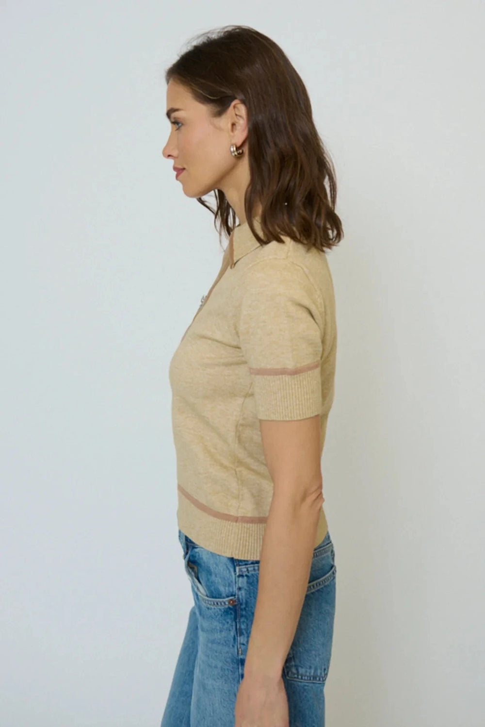 Central Park West NY Top Atlast Vegan Leather Trim Zip Up Polo