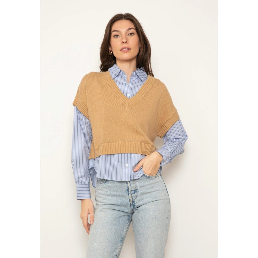 Central Park West NY Top Camel / Stripe / S Tessa Crop VNeck Twofer