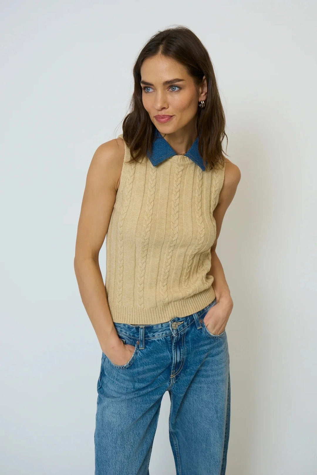 Central Park West NY Top Oat / S Dash Denim Collared Shell