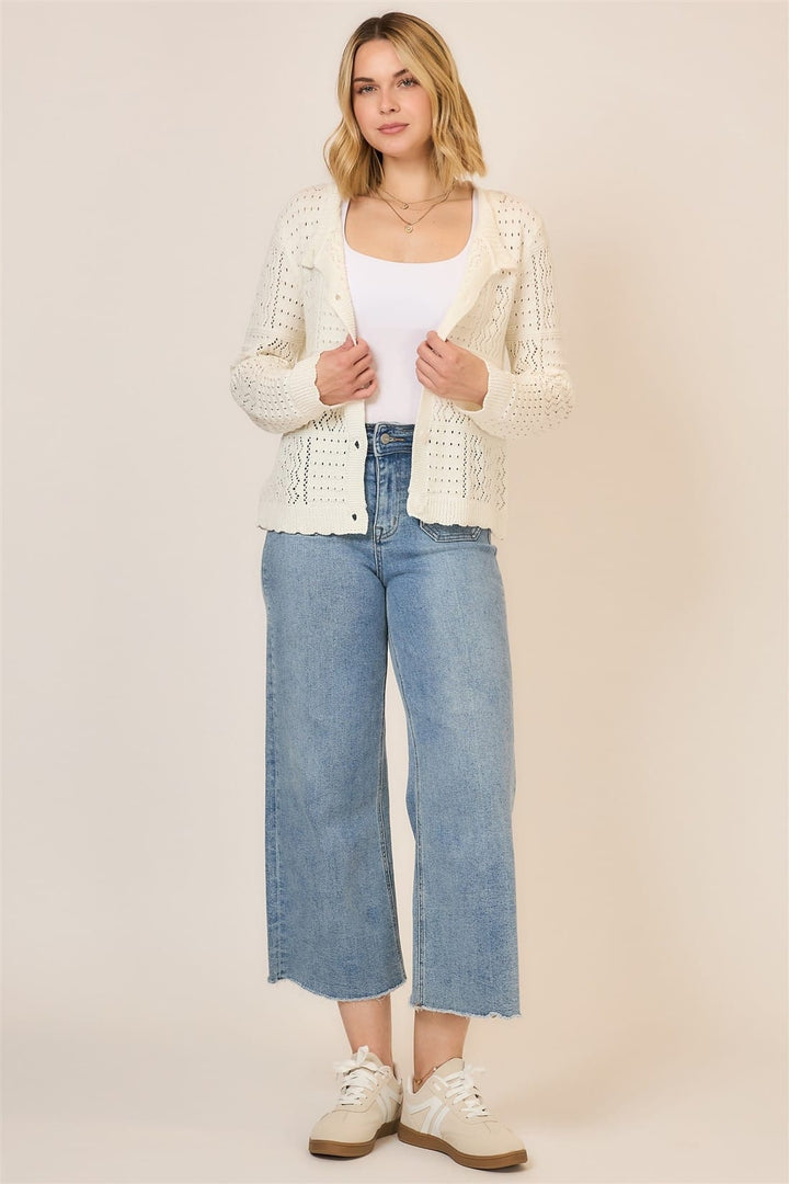 Cozy Co. Alice open-knit cardigan, lightweight knit sweater with a relaxed fit and front pockets, perfect for casual wear.