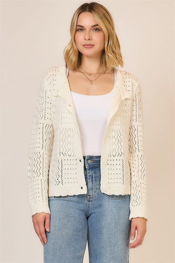 Cream Alice open knit cardigan by Cozy Co., lightweight and stylish with a relaxed fit, shown on a model.