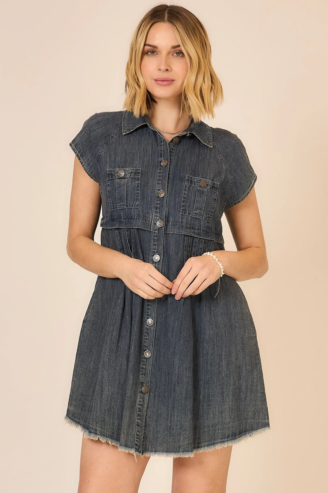 Blue denim Lennox Button Down Mini Dress by Cozy Co., featuring a classic collar, button front, and short sleeves.