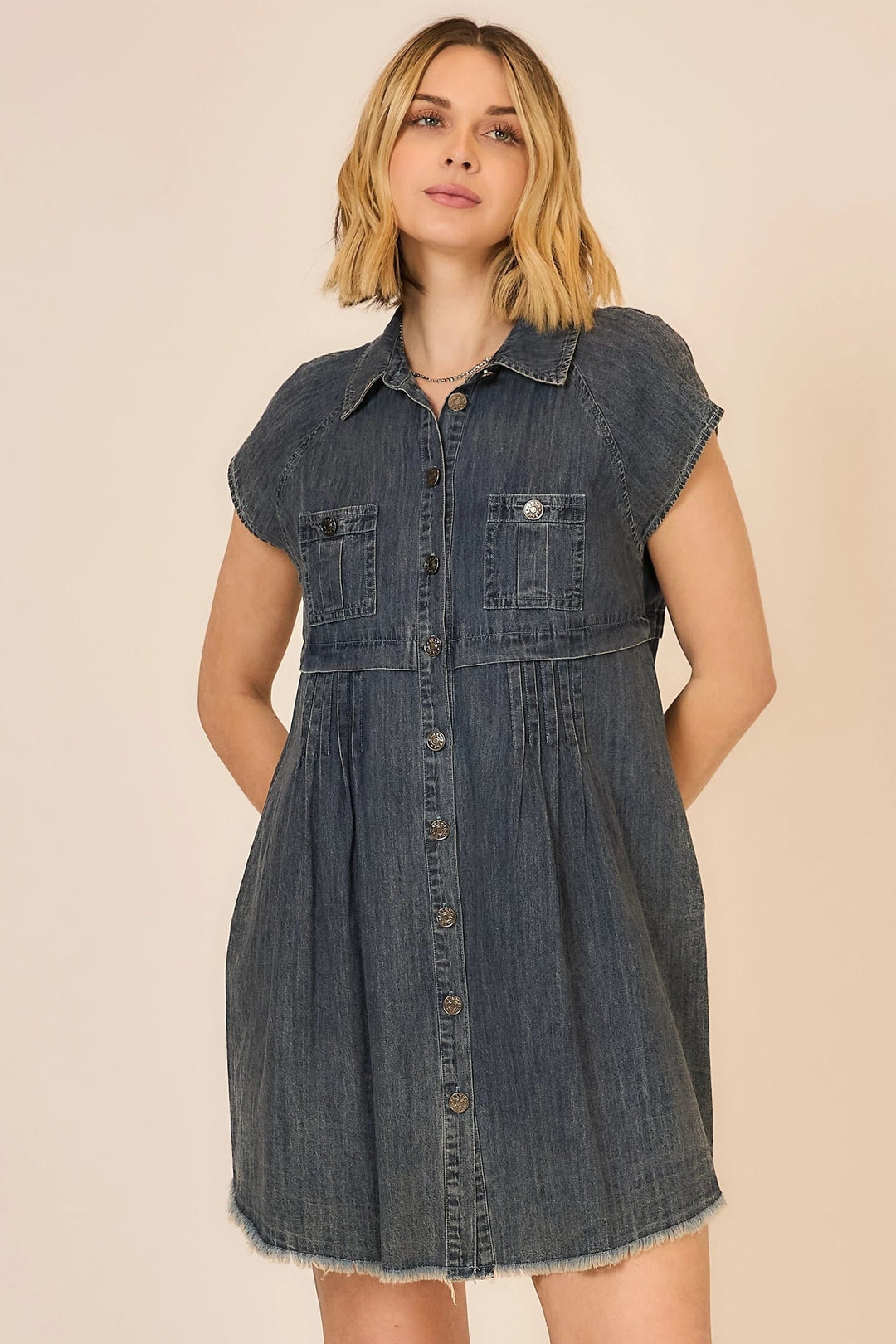 Cozy Co. Lennox Button Down Mini Dress displayed on a hanger, featuring a classic collar and button-down front in soft fabric.