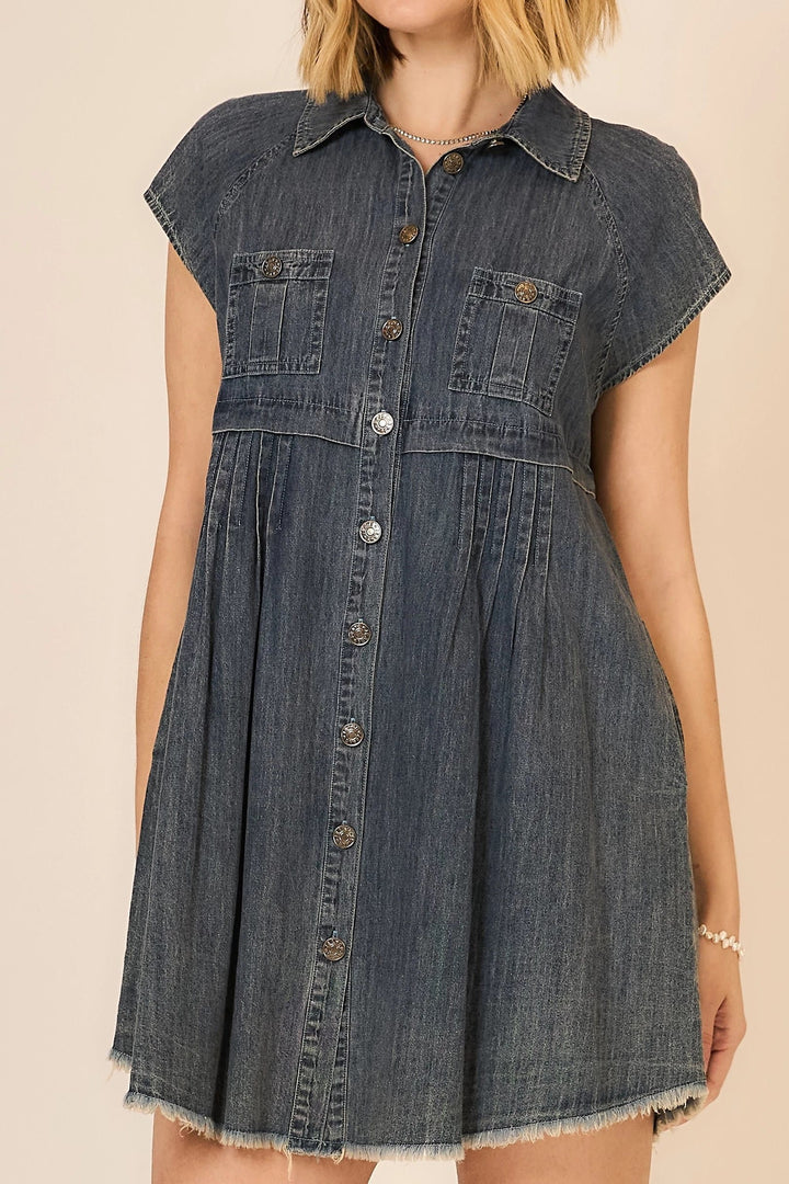 Cozy Co. Lennox Button Down Mini Dress displayed on a hanger with a relaxed fit and classic button-down front.