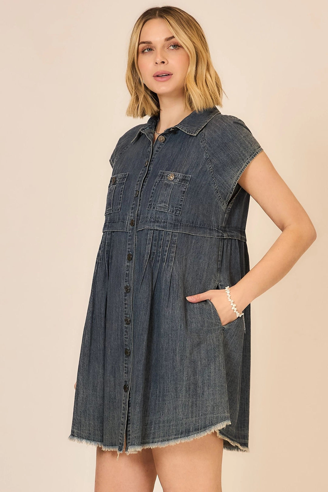 Cozy Co. Lennox Button Down Mini Dress featuring a fitted silhouette, button front, and classic collar in soft fabric.