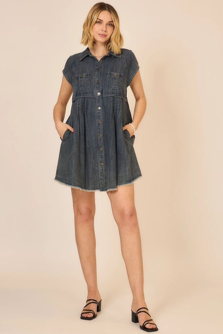 Cozy Co. Lennox Button Down Mini Dress displayed on a hanger, featuring a classic button-down design and mini length.